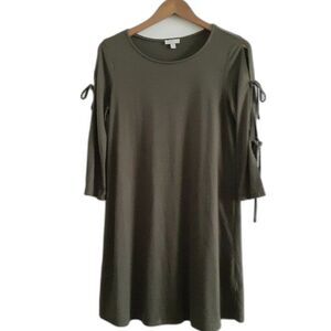 C Solid Olive Green Lace Up Quarter Sleeves Pullover Casual Dress Small